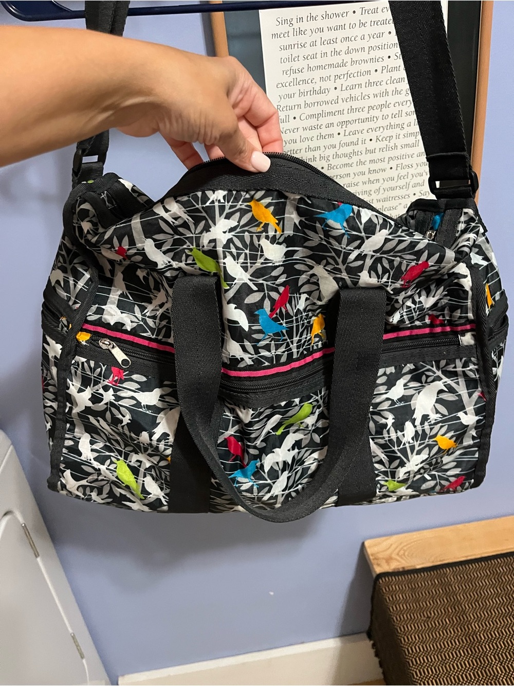 Lesportsac Black Tote Bag with Multicolor Bird Print and Pink Trim